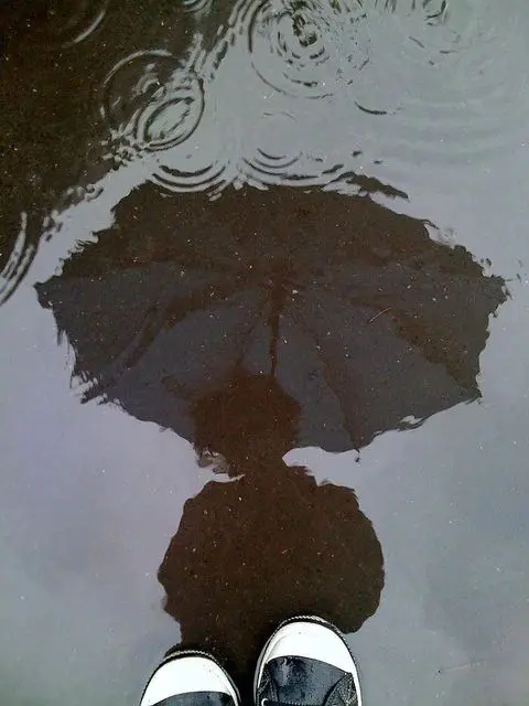A reflection on water of a person carrying an umbrella.
