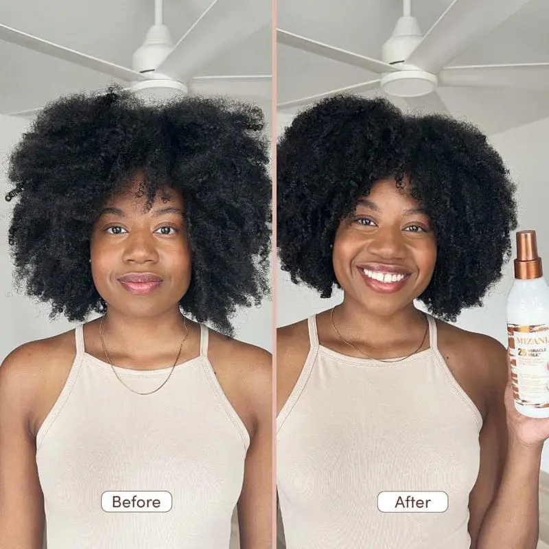 Before and After Pick of a Lady holding Mizani 25 Miracle Milk