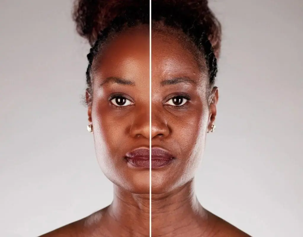 a woman with showing her aging skin with skincare and without skincare 
